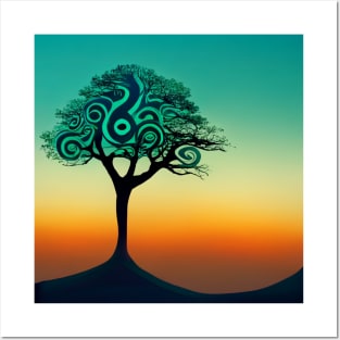 Solitary stylized tree at sunset with interesting branch pattern. Posters and Art